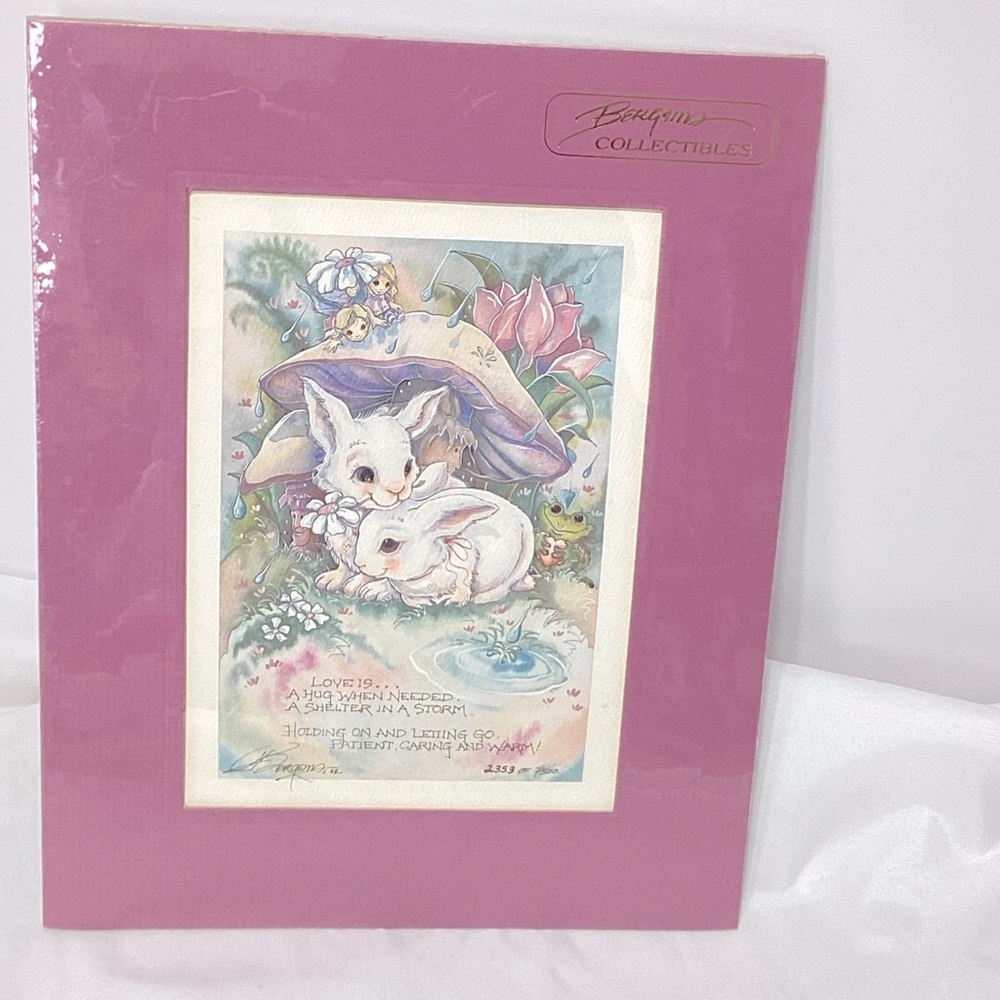 Bergsma Collectibles Bunnies Under Toadstool Love Is Watercolor Print 1992